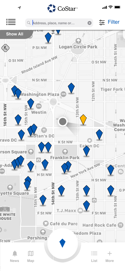 CoStar map view with property pins